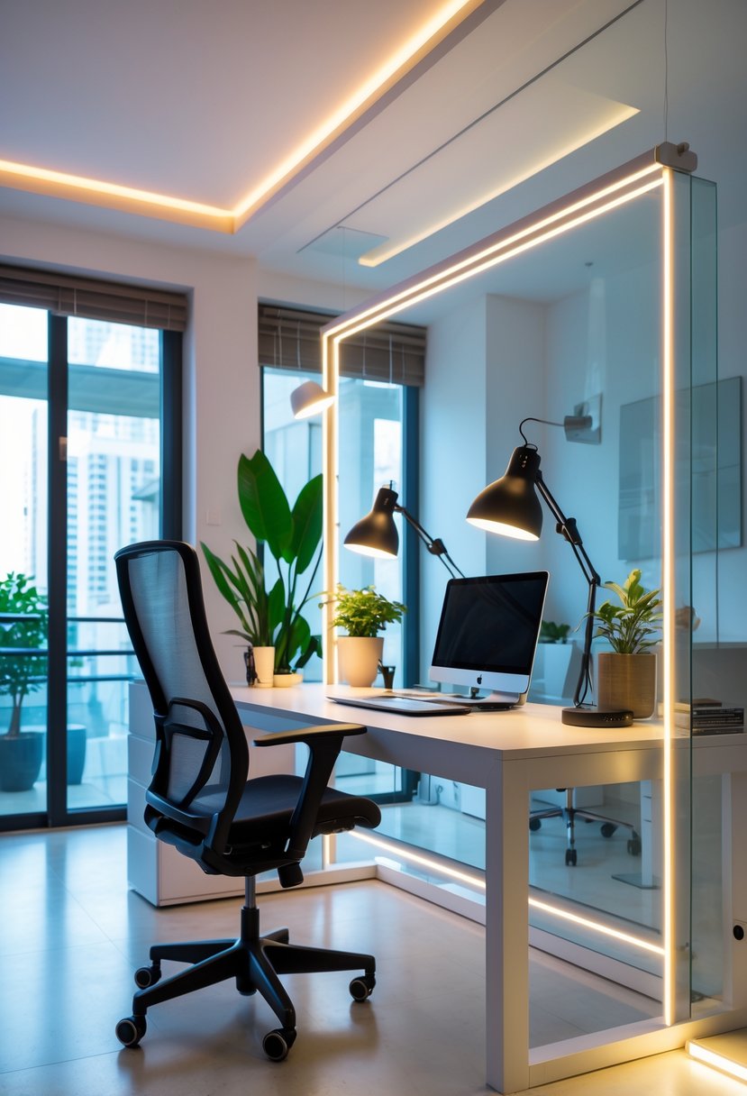 A modern home office with a desk, laptop, ergonomic chair, plants, and adjustable LED lighting creating a bright and comfortable workspace.
