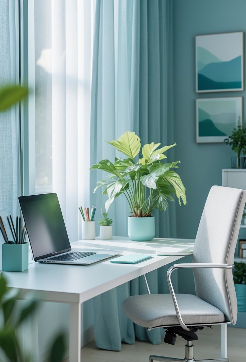 A tidy home office with a desk, laptop, potted plant, and shelves, decorated in calming blue and green tones.