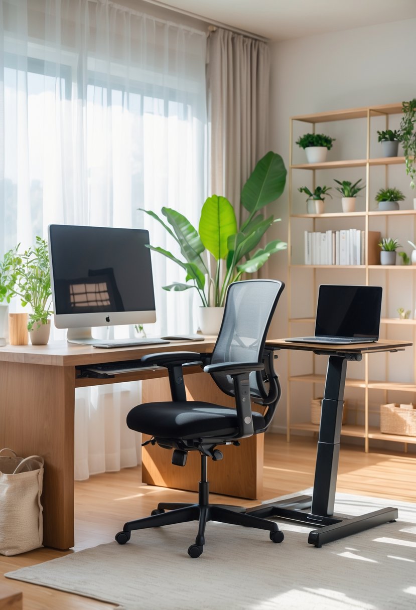 A bright home office with an ergonomic chair, desk, computer monitor, laptop stand, and organized shelves with plants and books.