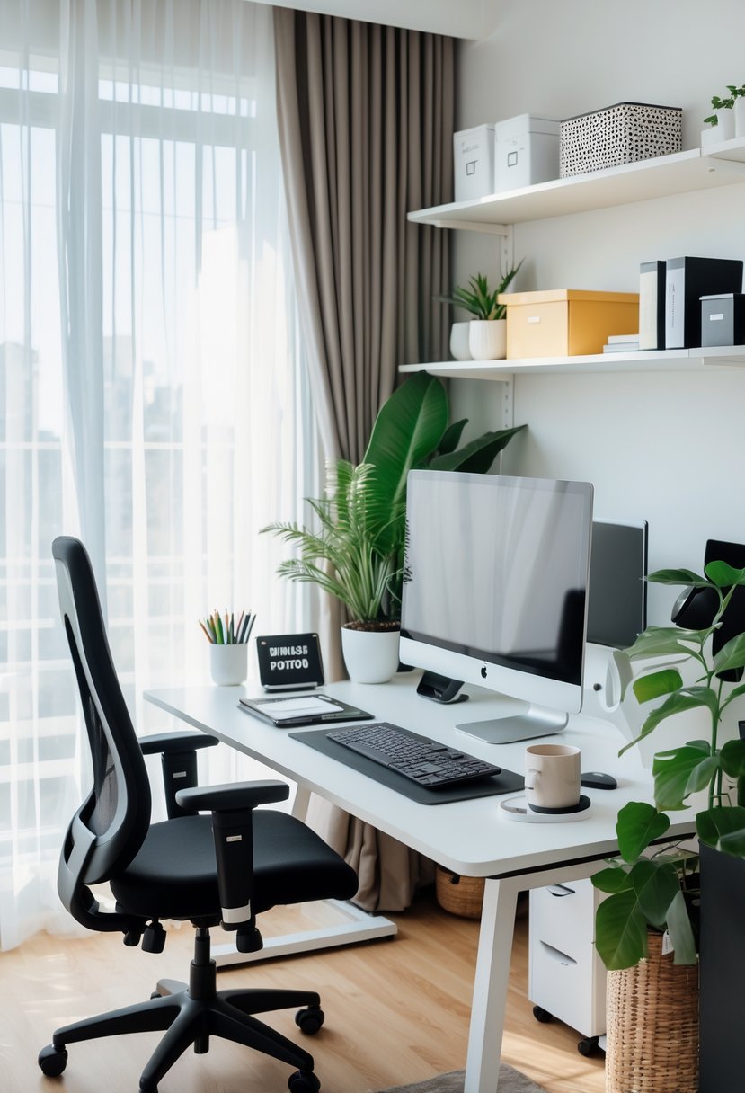 A bright home office with a desk, computer, ergonomic chair, plants, and shelves in the background.