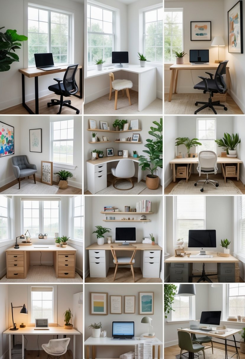 A spacious home office displaying ten different workspace setups with desks, chairs, computers, and plants arranged in a bright room with large windows.