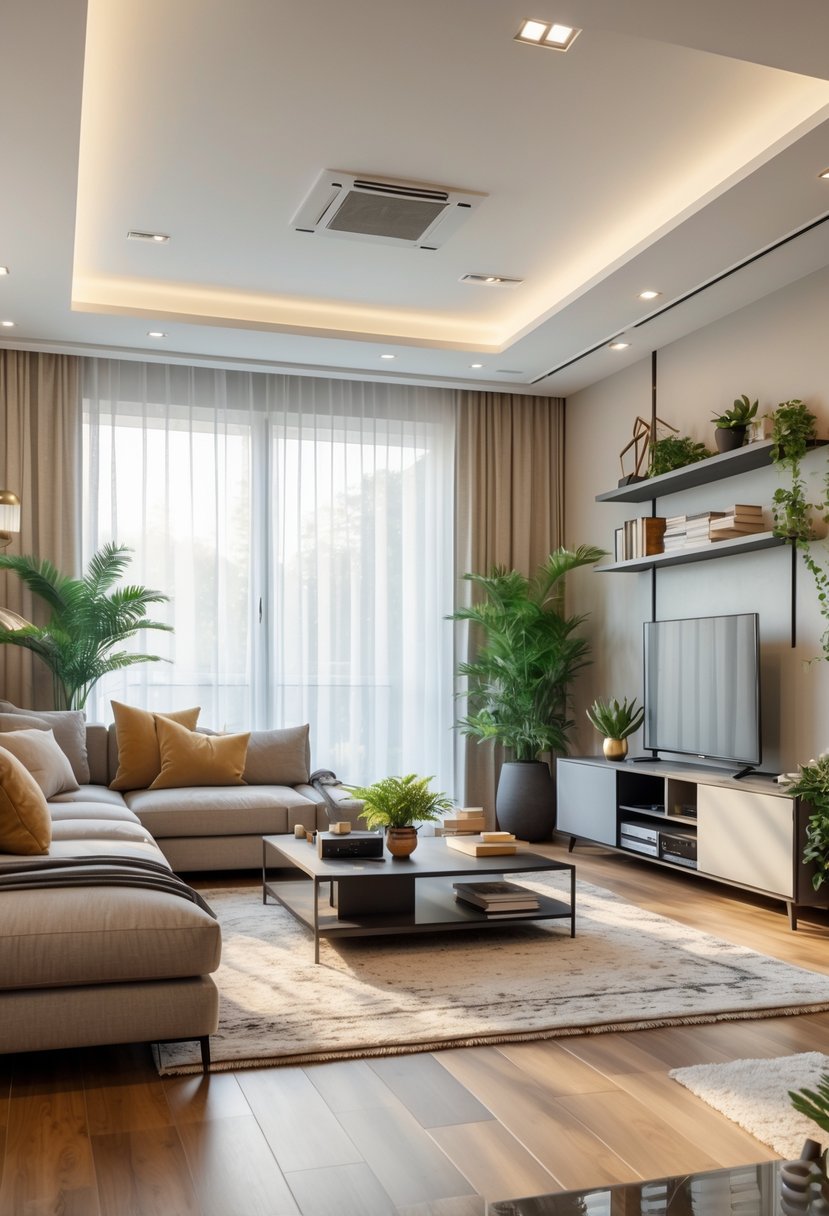 A spacious living room with a sofa, coffee table, large windows, and indoor plants.