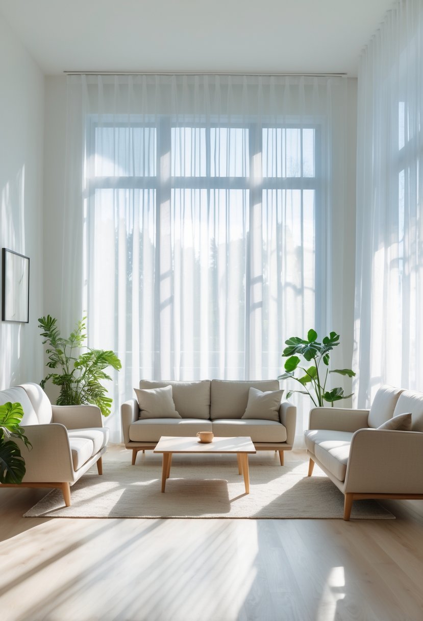 A living room filled with natural light coming through sheer white curtains on large windows, featuring a sofa, armchairs, a coffee table, and indoor plants.