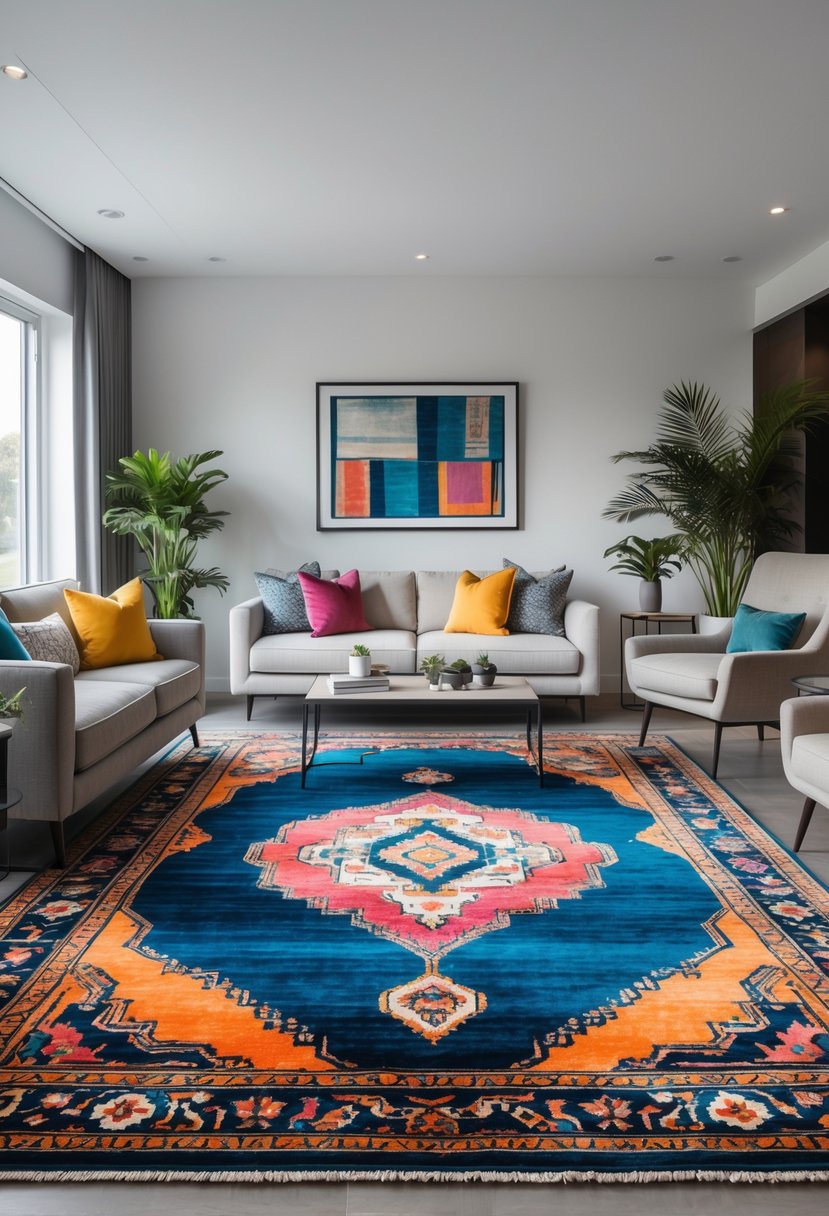 A living room with a colorful area rug, sofa, armchairs, coffee table, and plants illuminated by natural light.