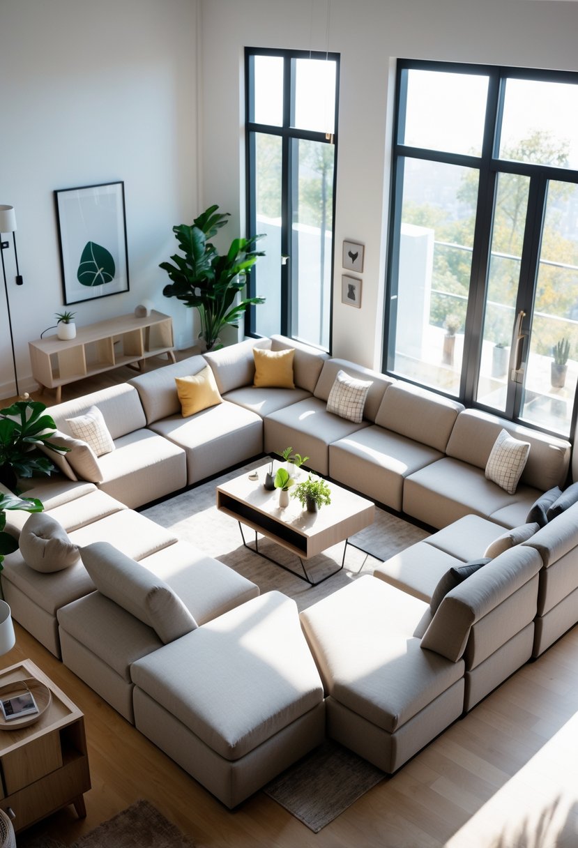 A spacious living room with modular sofas arranged for flexible seating and natural light coming through large windows.