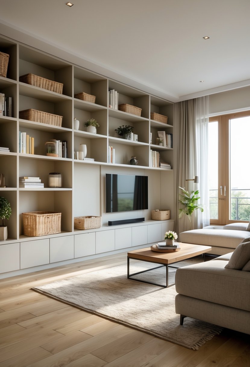 A spacious living room with built-in wall shelves filled with books and decor, a sofa, coffee table, and large windows letting in natural light.