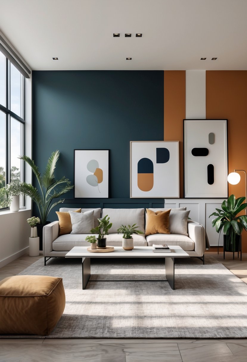 A living room with neutral-colored furniture and bold colored accent walls, featuring a sofa, coffee table, plants, and large windows letting in natural light.