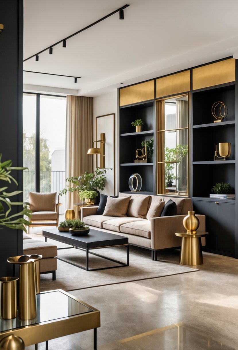 A modern living room with brass and matte black metal accents, comfortable seating, and natural light coming through large windows.