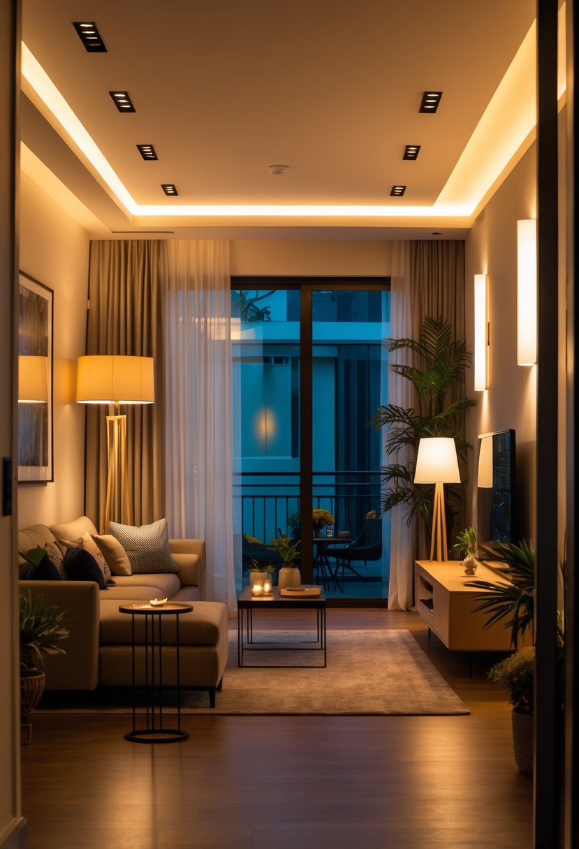 A living room with floor lamps, wall sconces, and overhead lights illuminating the space.