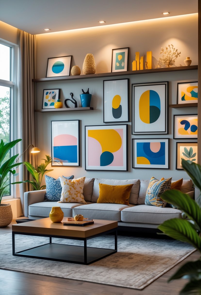 A living room with a sofa, coffee table, and various art pieces displayed on walls and shelves.