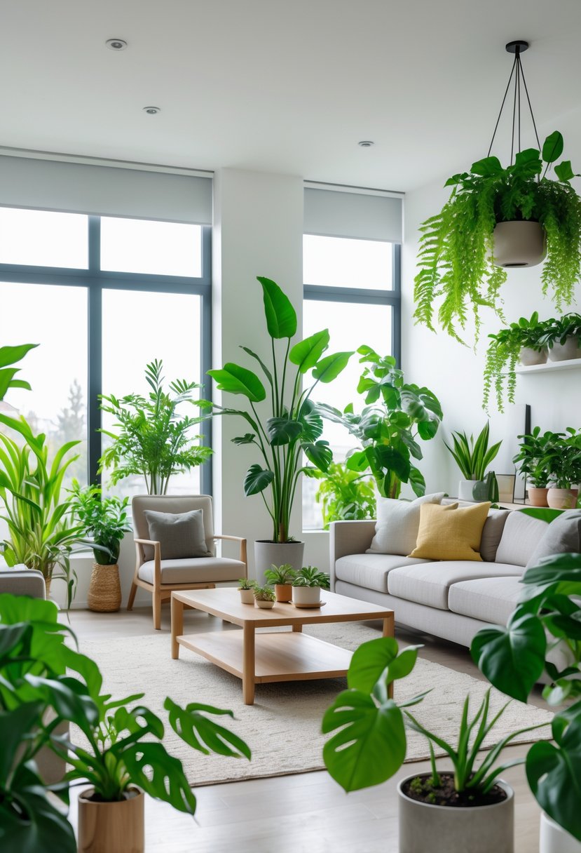A bright living room filled with 15 indoor plants placed around the seating area, creating a fresh and inviting atmosphere.