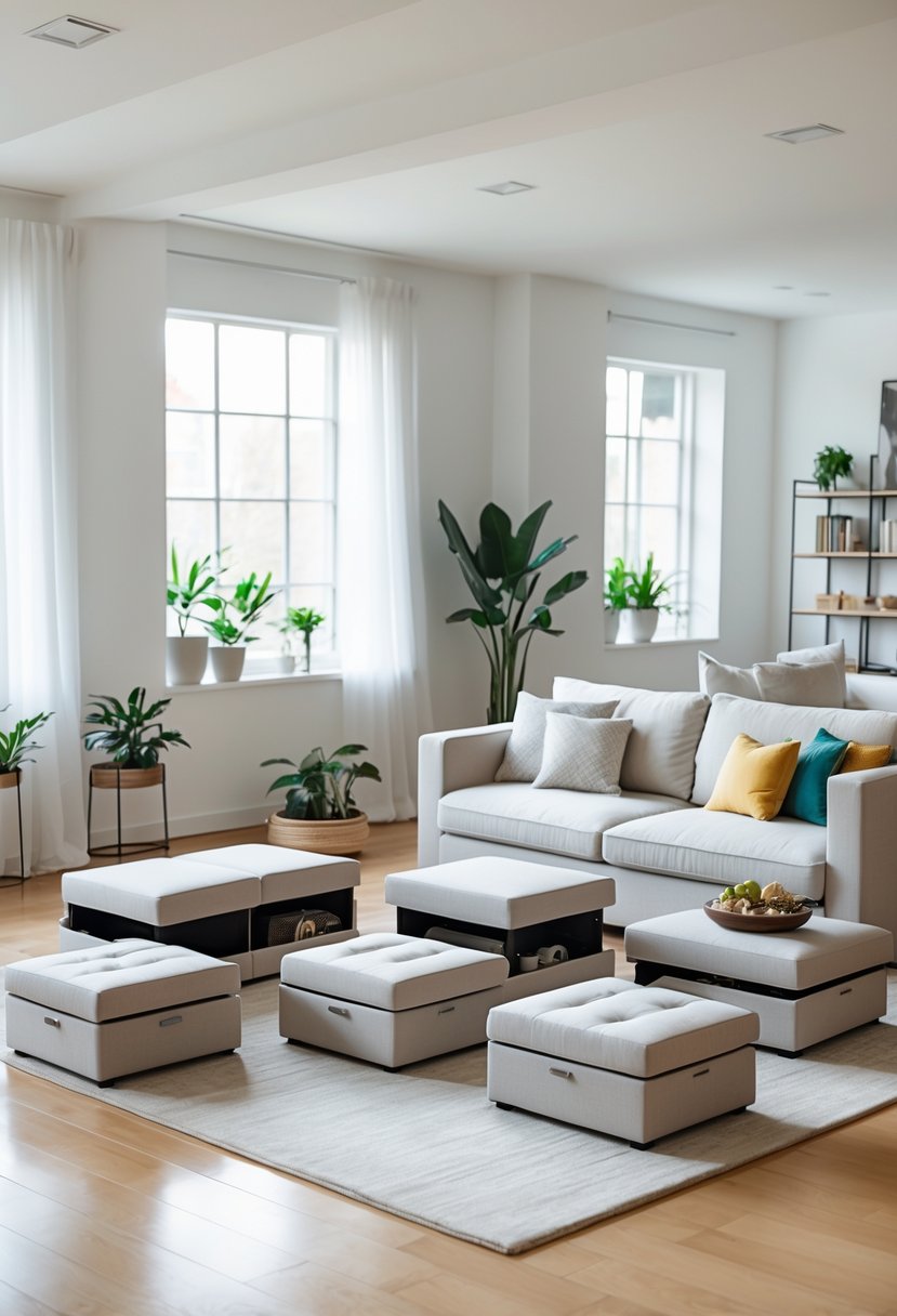 A living room with several ottomans that have built-in storage, arranged around a sofa and coffee table, with natural light coming through large windows.