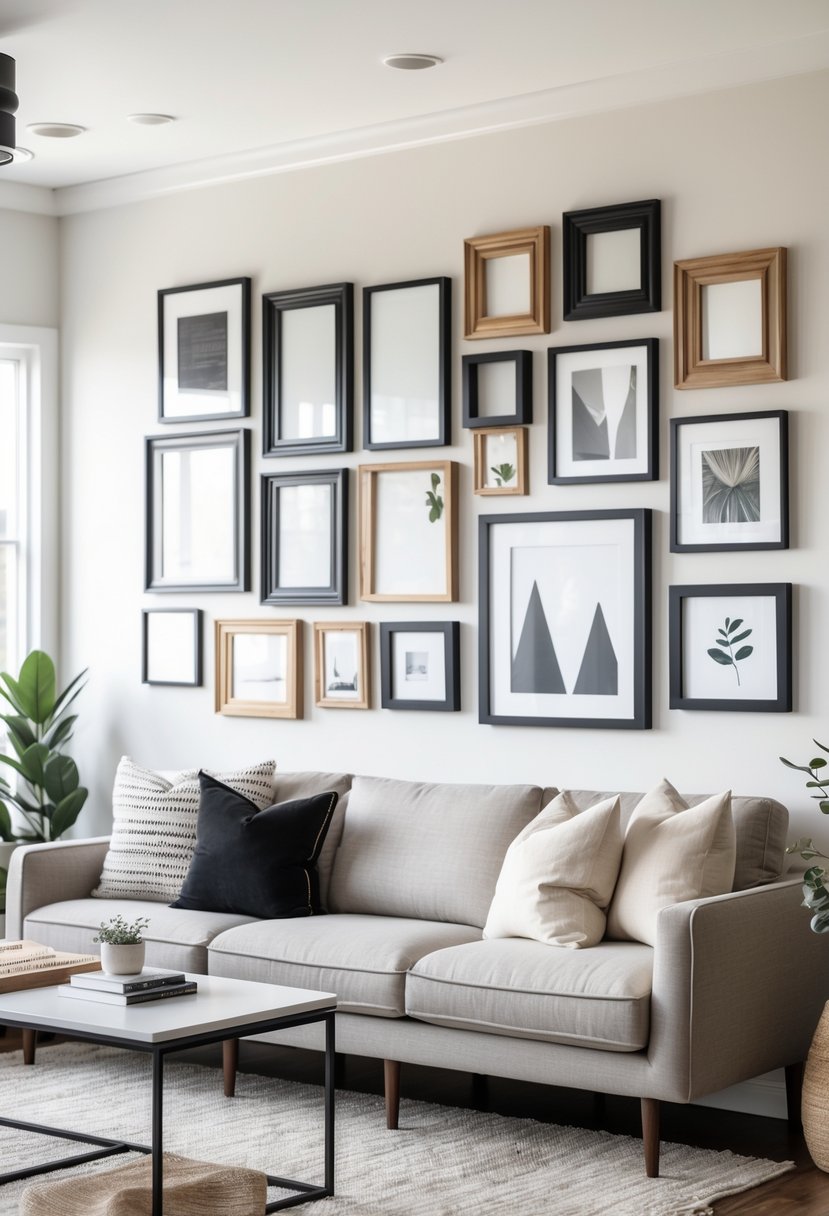 A living room with a sofa and a wall displaying 15 picture frames arranged in a gallery style.