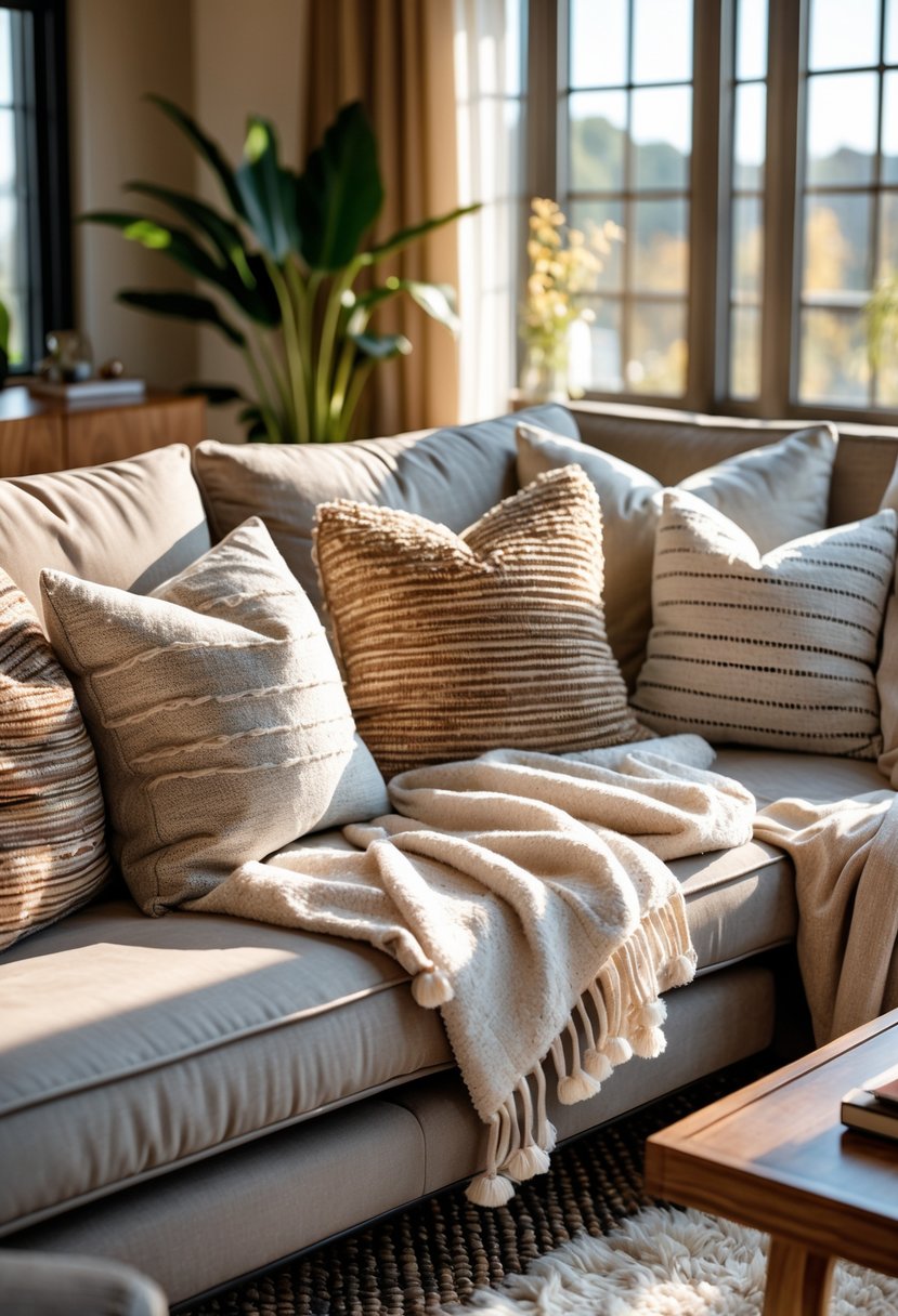 A cozy living room with a sofa covered in textured throw pillows and blankets, illuminated by natural light from large windows.