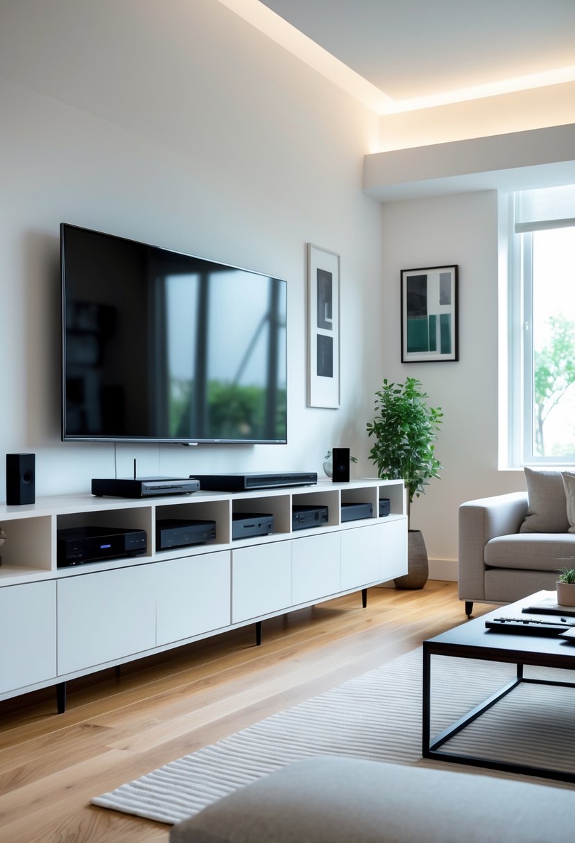 A modern living room with a sleek media console organizing electronic devices beneath a flat-screen TV.