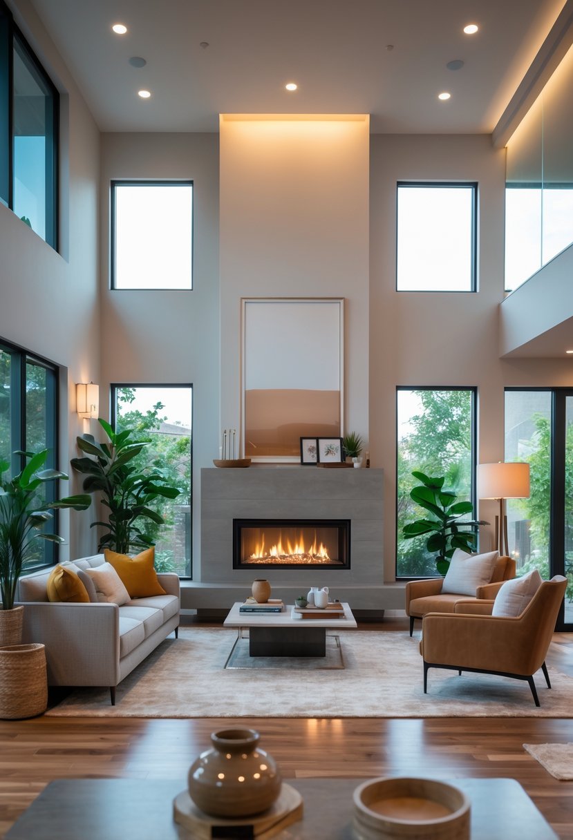 A living room with a modern fireplace as the central feature, surrounded by seating and natural light.