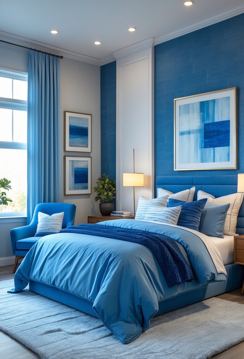 A bedroom with a large bed dressed in blue bedding, blue accent wall, nightstands with lamps, a blue armchair near a window with blue curtains, and decorative items like framed art and plants.