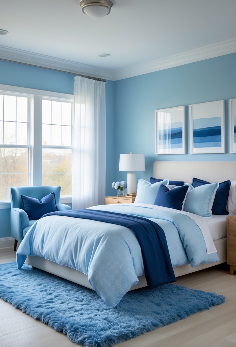A blue bedroom with a bed, pillows, armchair, nightstand, and windows letting in natural light.