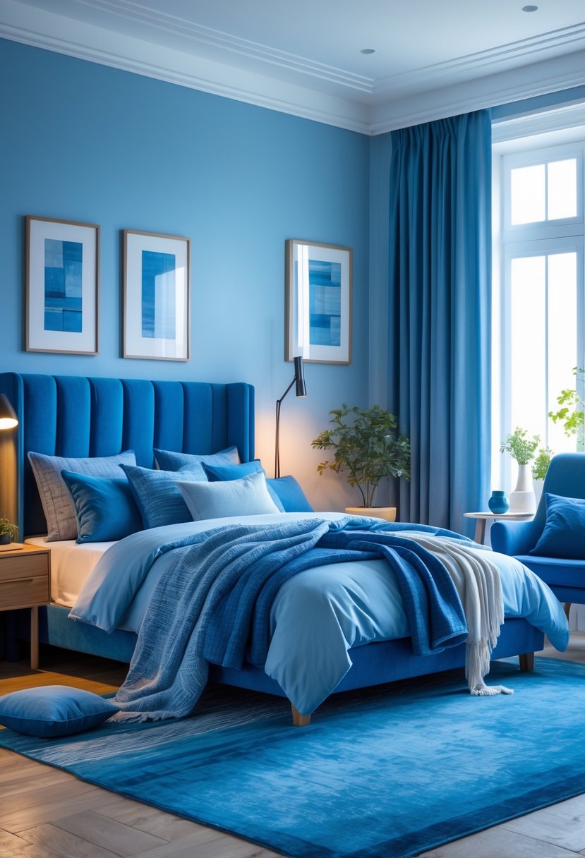 A blue-themed bedroom with a bed, nightstand, lamp, curtains, armchair, and decorative items arranged neatly.