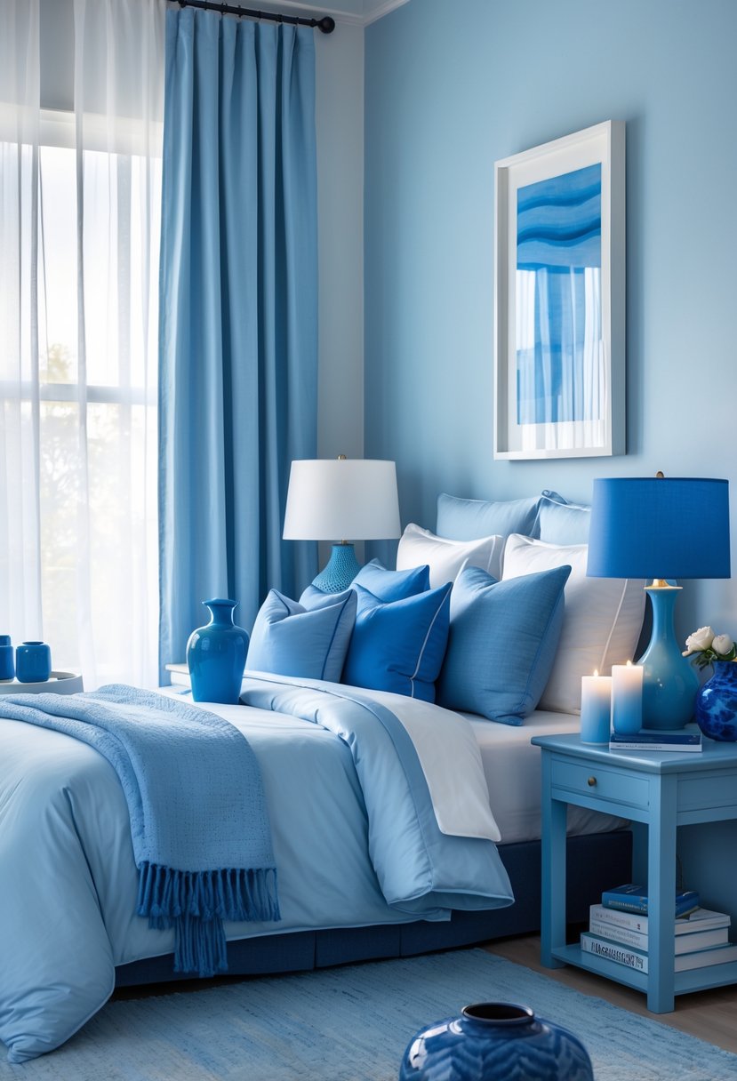 A bedroom with blue bedding, blue pillows, blue vases on a bedside table, blue artwork on the wall, and blue curtains, softly lit by natural light.