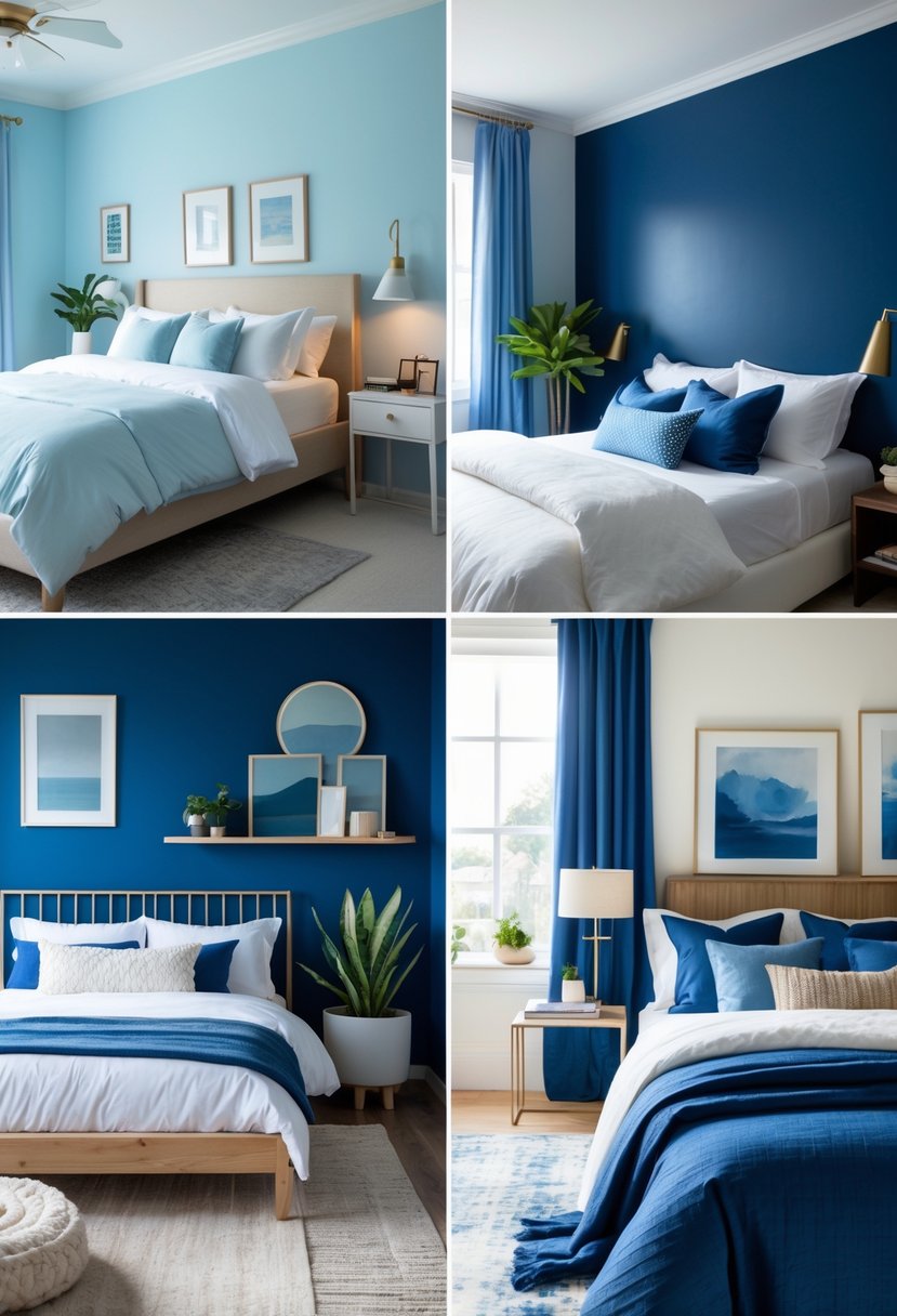 Three bedrooms with different blue color schemes, each featuring beds, furniture, and decor in a well-lit setting.