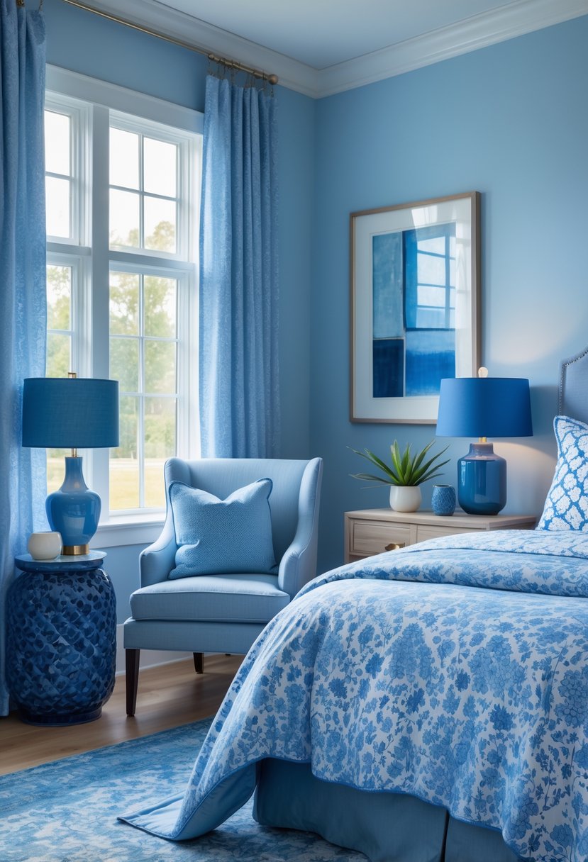A bedroom with blue walls, a bed with blue and white bedding, a blue armchair, a bedside table with a lamp and plant, and blue decorative accents.