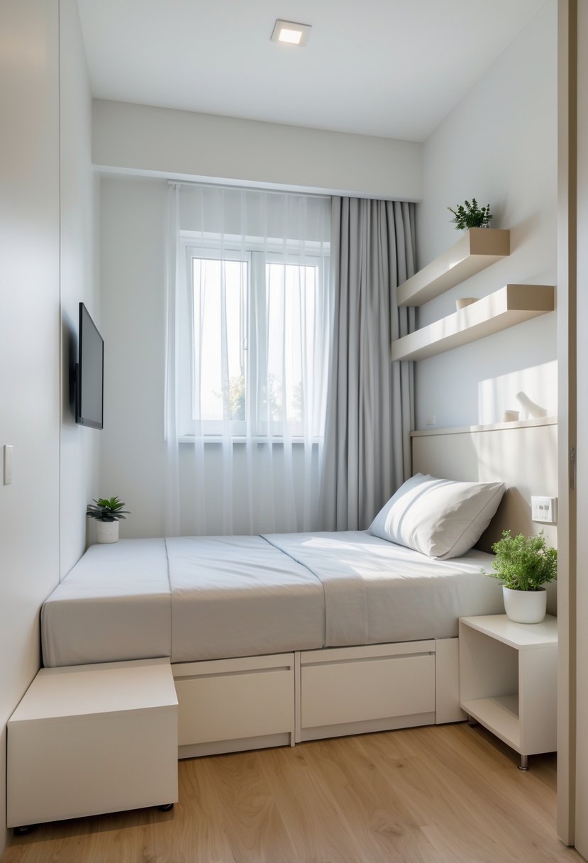 A small bedroom with a bed that has built-in drawers underneath and simple, tidy decor.