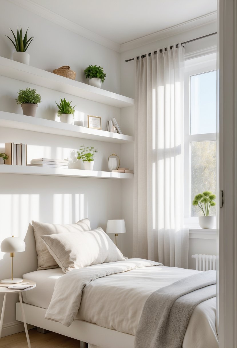 Small bedroom with floating shelves mounted on the wall holding plants and books, a bed with neutral bedding, and natural light coming through a window.