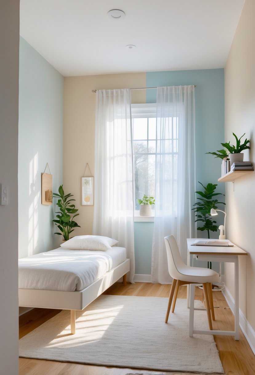 A small bedroom with light-colored walls, a bed, nightstand, window with sheer curtains, and plants, creating a bright and spacious feel.