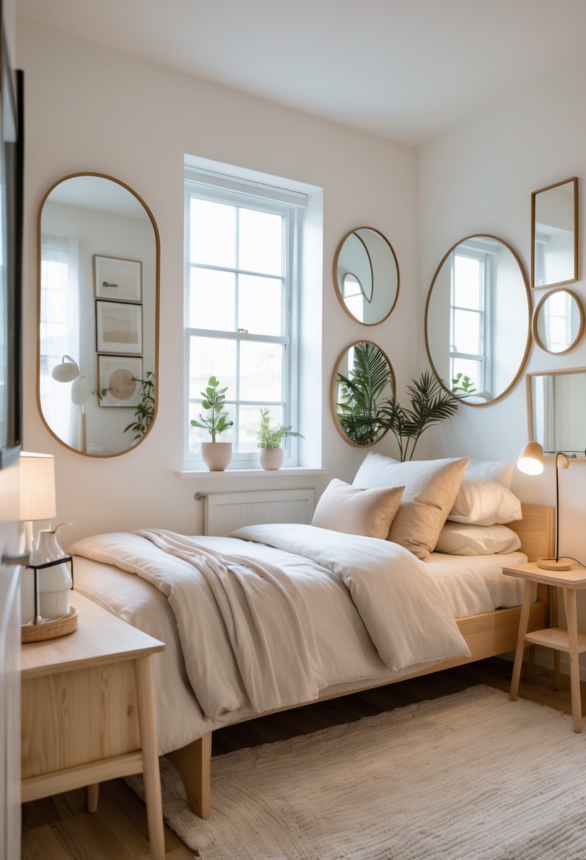 A small bedroom with a bed, wooden furniture, and mirrors on the walls reflecting light to create depth.