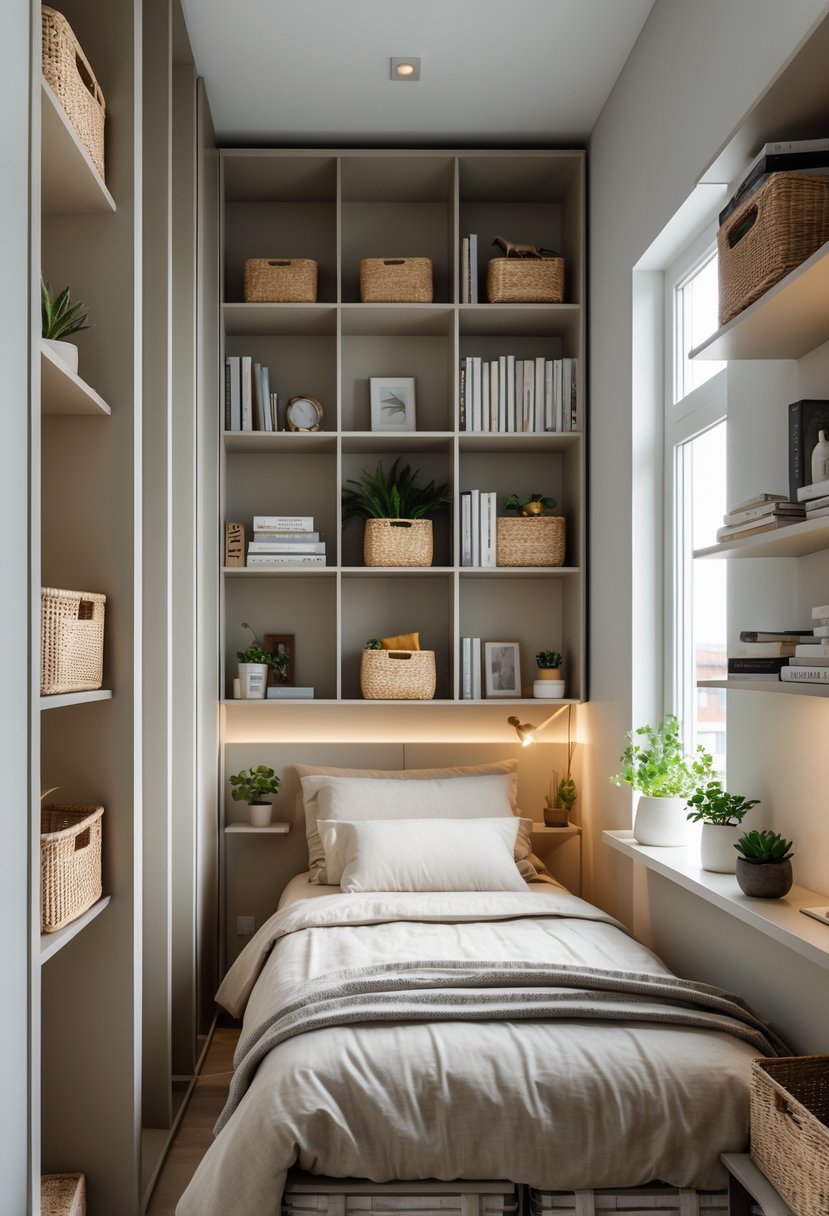 Small bedroom with tall bookcases used for vertical storage, a single bed, and natural light from a window.
