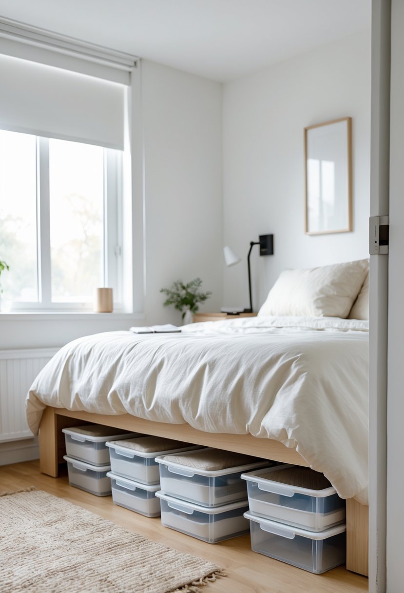 A small bedroom with a bed showing organized storage bins under it, maximizing hidden space.