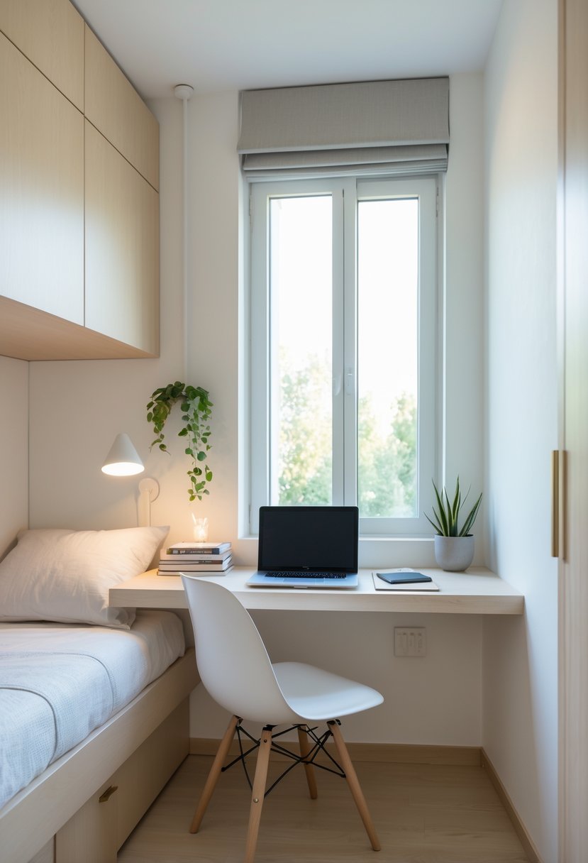 A small bedroom with a wall-mounted desk, chair, laptop, and plant near a window.