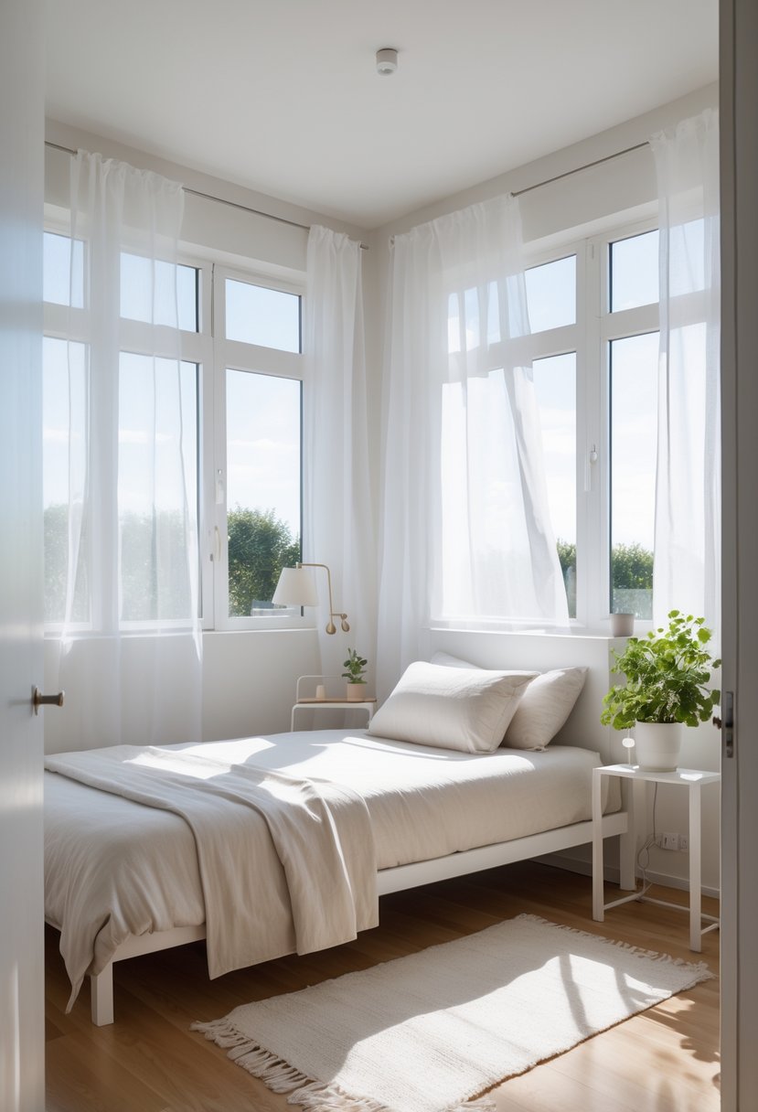 A small bedroom with natural light coming through large windows and minimal window coverings, featuring a neatly made bed and simple decor.