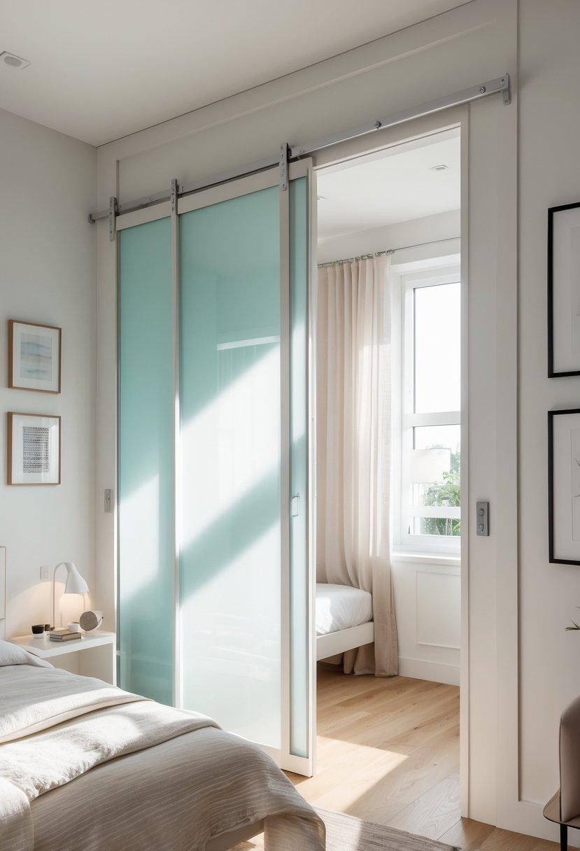 A small bedroom with a bed and sliding doors that save space, featuring natural light and simple decor.