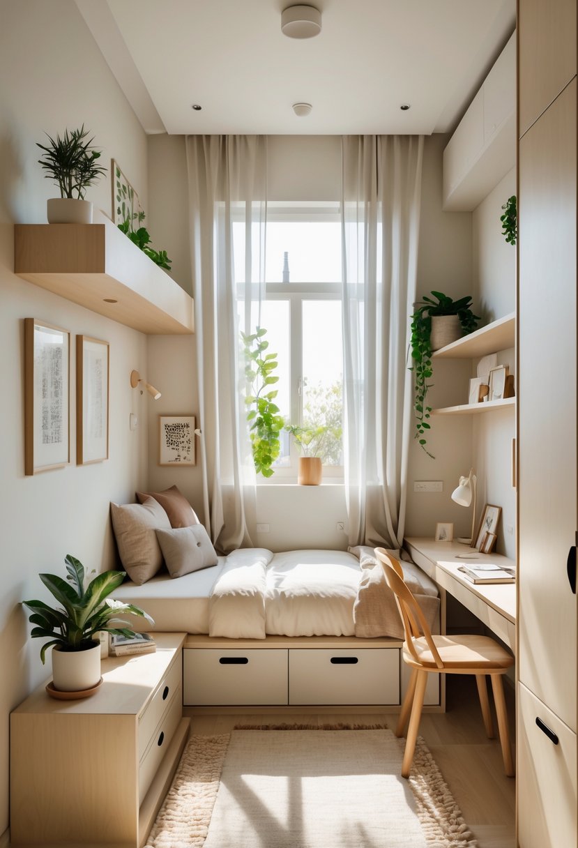 A small bedroom with a loft bed, built-in storage, a desk in the corner, floating shelves, natural light, and green plants.