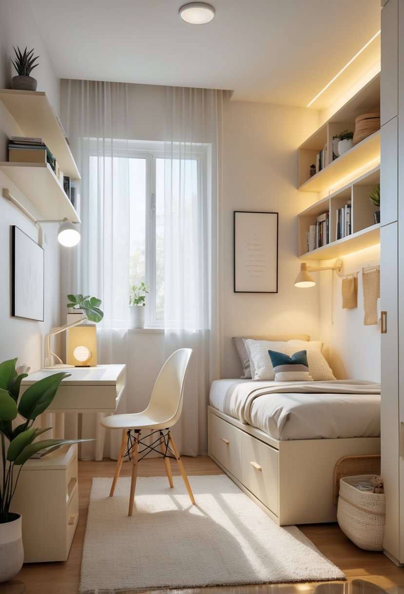 A small bedroom with a single bed, desk, shelves, storage solutions, plants, and natural light creating a cozy and organized space.