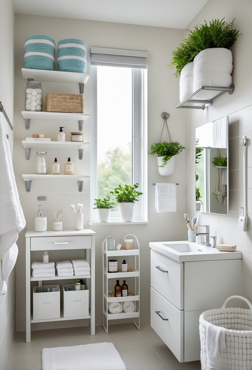 A modern bathroom organized with shelves, baskets, hooks, and containers holding towels, toiletries, and other bathroom essentials.