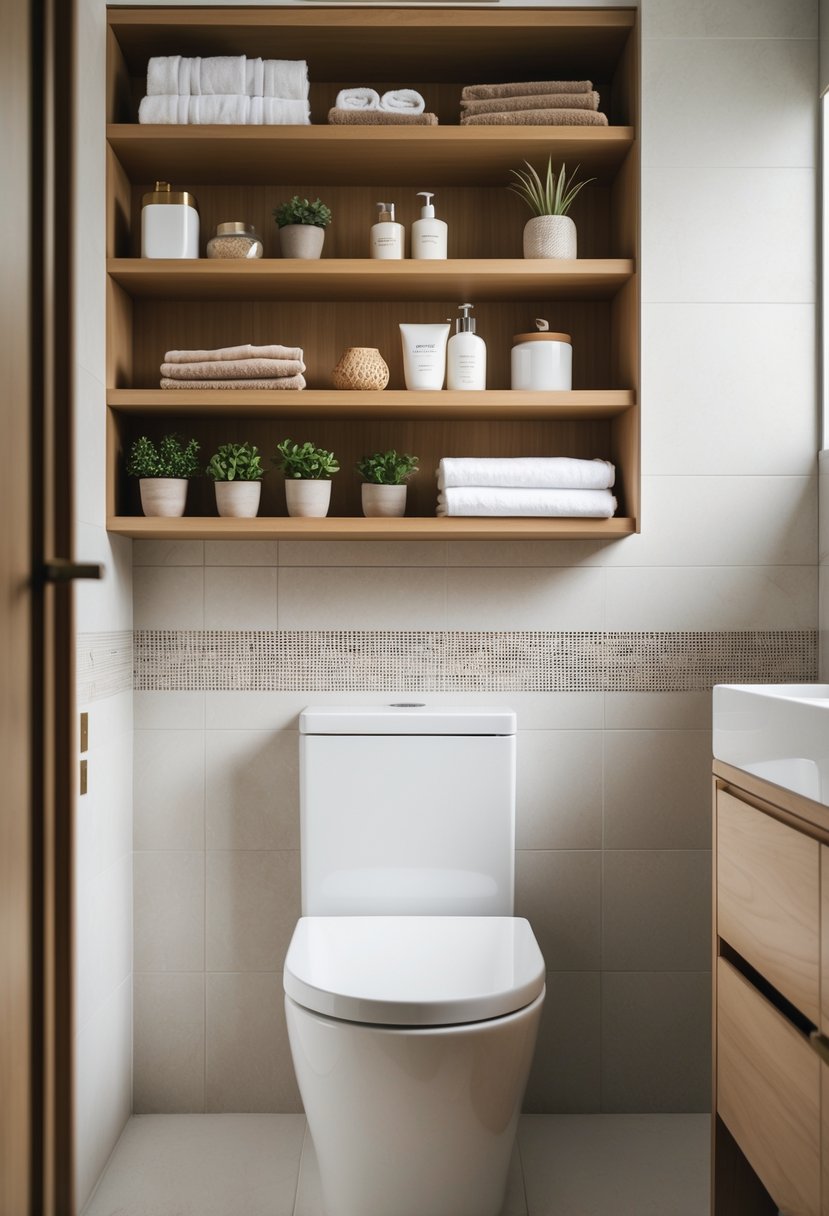 A bathroom with floating wooden shelves installed above the toilet holding towels, plants, and toiletries.