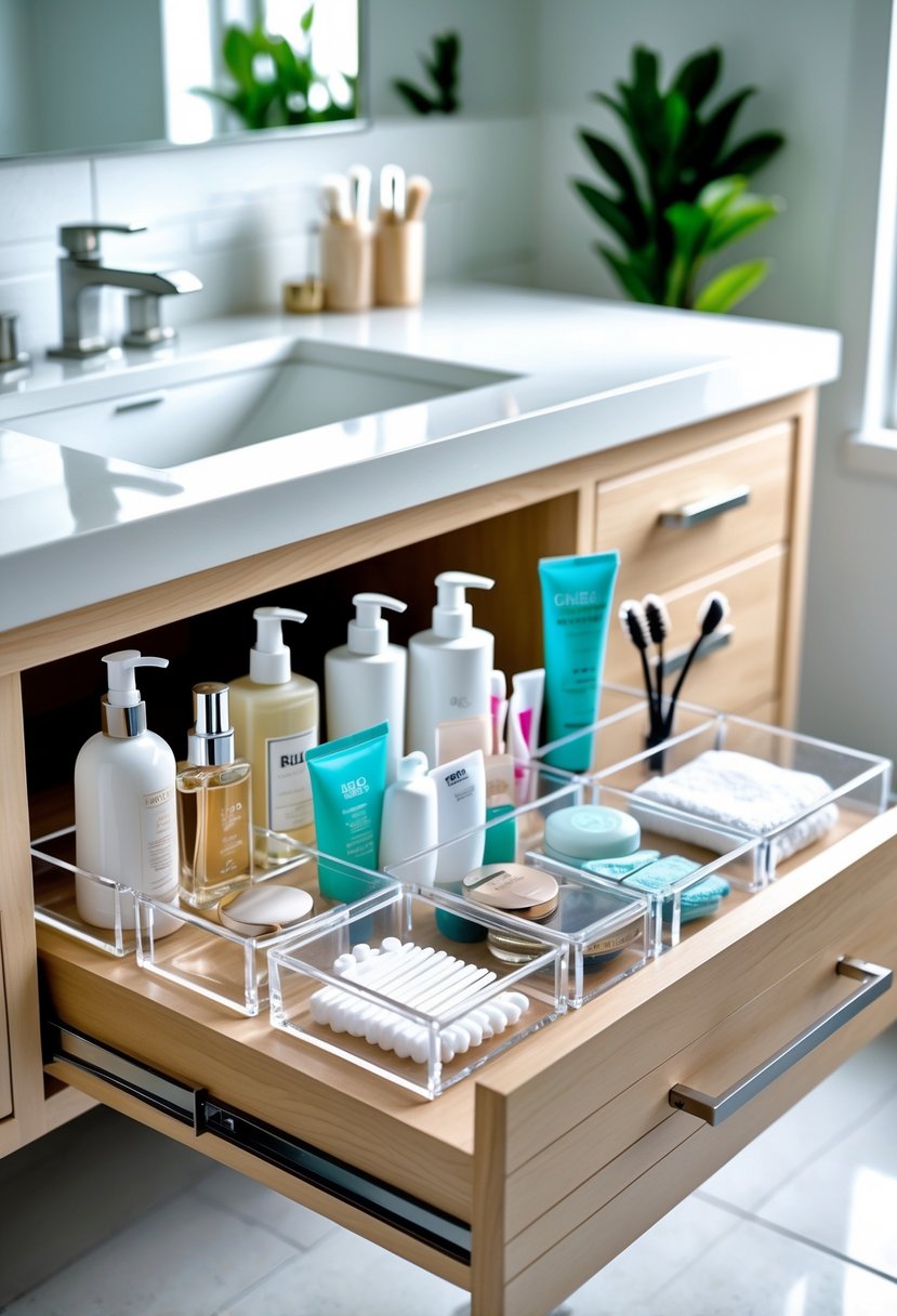 Open bathroom drawer with clear acrylic organizers neatly separating toiletries like lotions, toothbrushes, and cotton swabs.