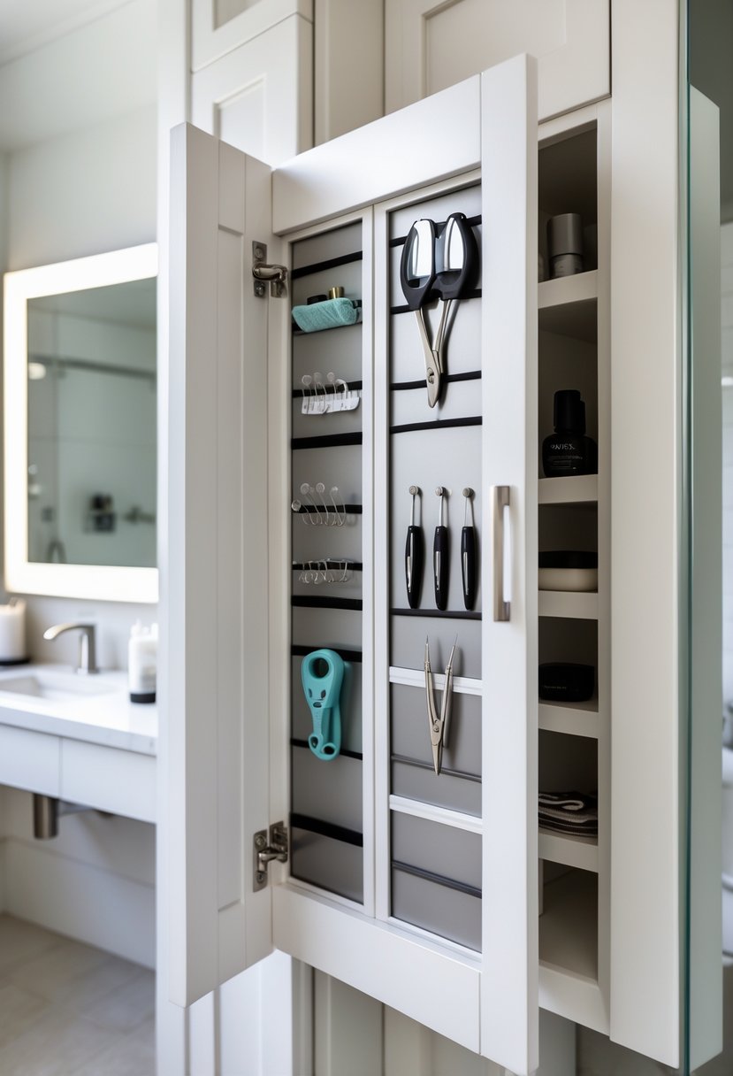 Open bathroom cabinet door with magnetic strips holding small metal items like tweezers and nail clippers inside.