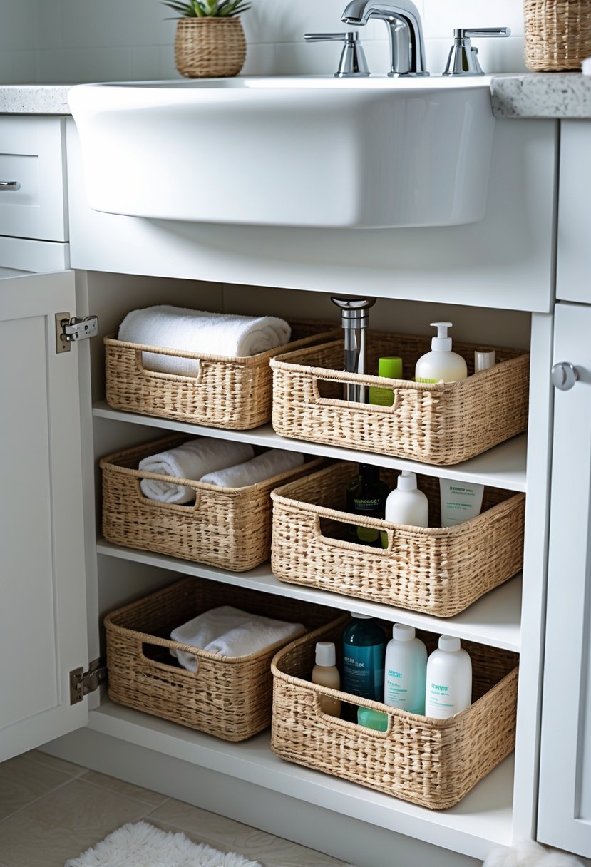 Open bathroom sink cabinet with stackable baskets neatly organized to store towels and toiletries.