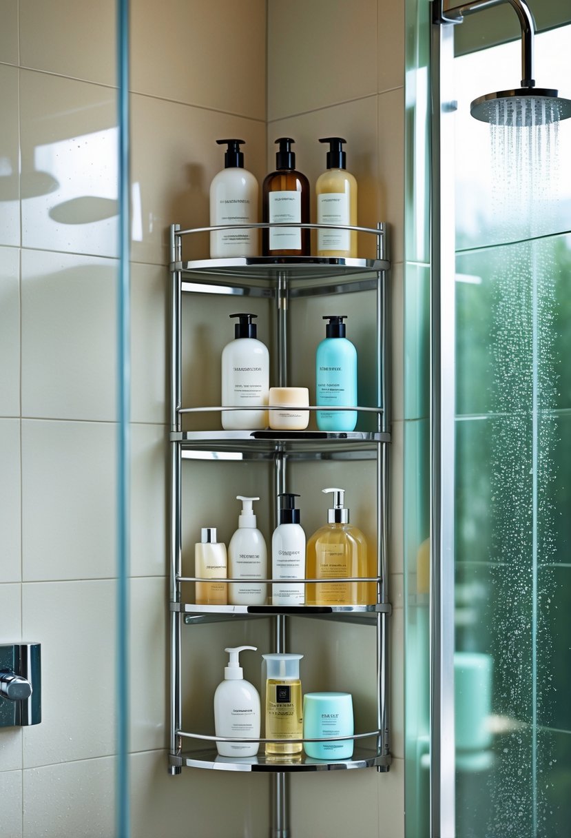 A shower with a tiered corner shelf holding neatly arranged bottles of shower products.