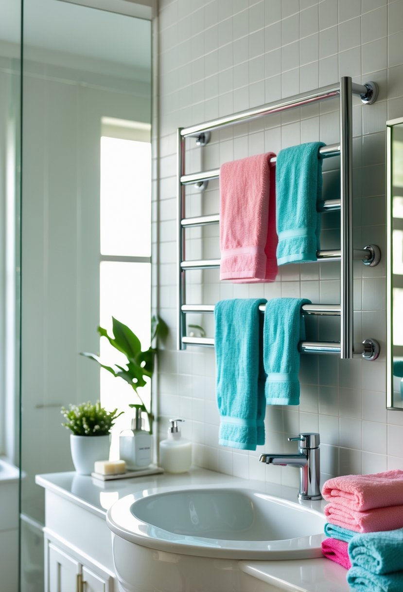 A bathroom wall with a multi-bar towel rack holding several towels above a sink with bathroom accessories.