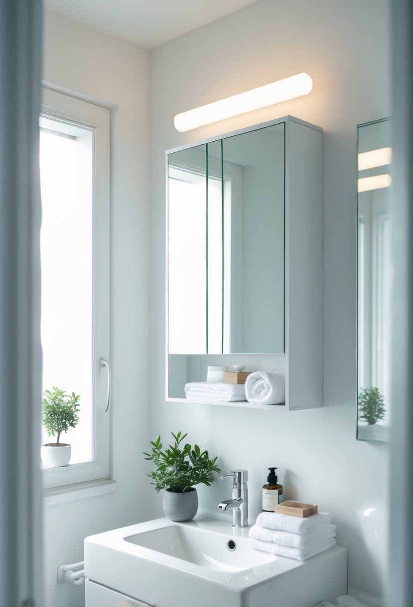 A small wall-mounted cabinet with mirrored doors above a bathroom sink, surrounded by neatly organized toiletries and towels.