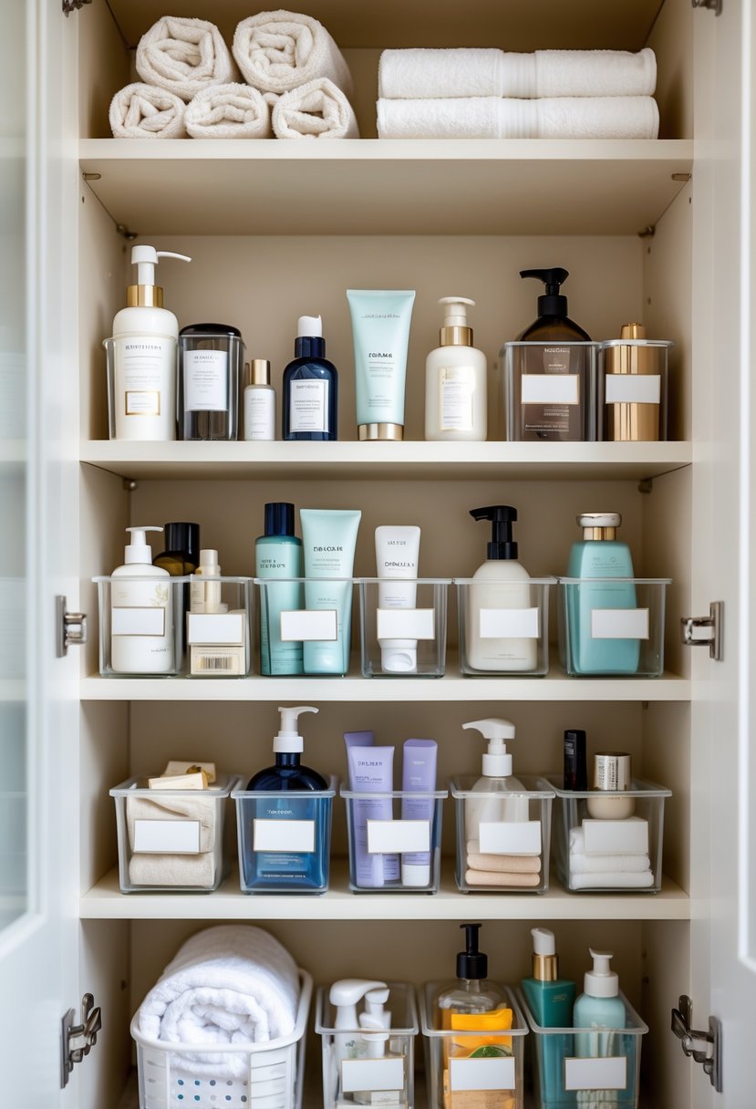 An open bathroom cabinet with neatly organized bins grouping similar toiletries and supplies.