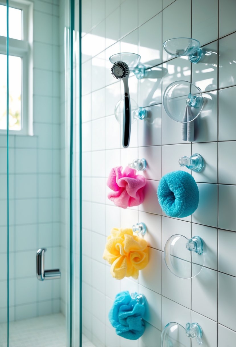 A shower interior with suction cup hooks holding razors and loofahs organized on the tiled wall.