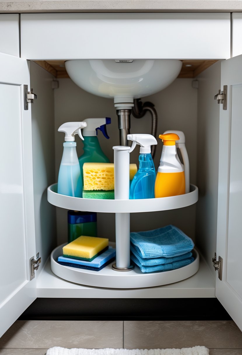 Open bathroom cabinet under the sink with a lazy Susan holding cleaning supplies for easy access.