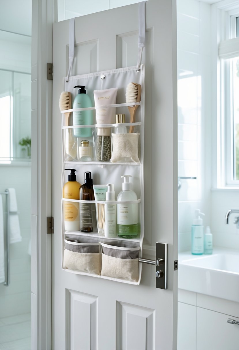 Bathroom door with a hanging organizer filled with toiletries and bathroom essentials.