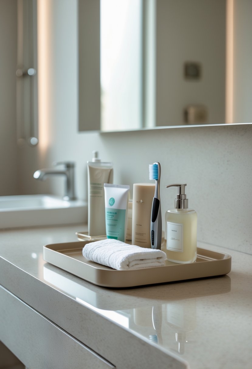A bathroom countertop with a small tray holding daily essentials like toothbrushes, soap, and a washcloth.